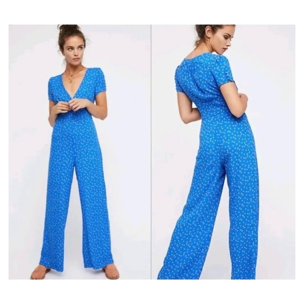 Free People Cobalt Blue Polka Dot Wide-Leg Jumpsuit - Picture 12 of 12